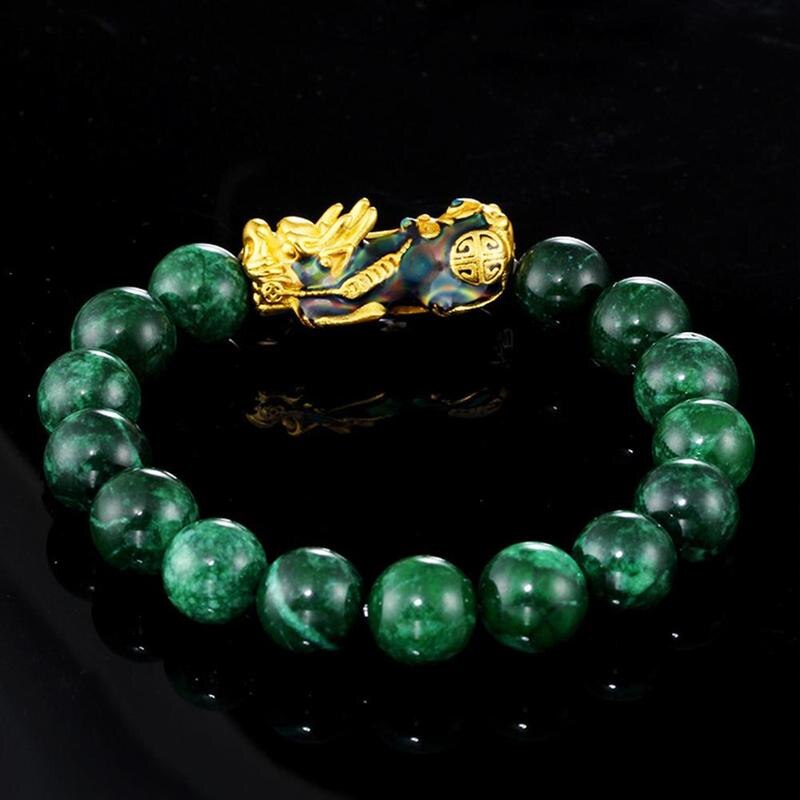 Doré PIXIU Bracelet Pour Les Femmes Hommes Vert Perles Bracelet Apporter Chance Courageux Richesse Feng Shui Bracelets pour hommes