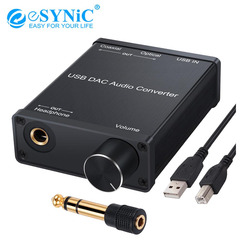 eSYNiC USB DAC Audio Converter Digital to Analog with HiFi Headphone Amplifier 6.35mm Audio USB to Coaxial S/PDIF Adapter for PC