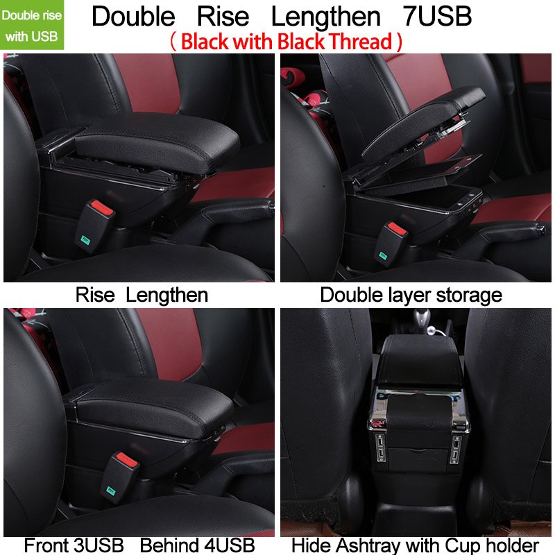for Toyota Avanza armrest box universal car center console caja modification accessories double raised with USB: Double USB All Black
