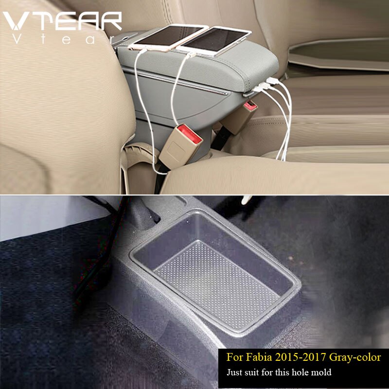 Vtear Für Skoda Fabia Auto armlehne leder Arm Rest usb-schnittstelle lagerung Kasten Styling center konsole zubehör dekoration: 2015-2017 grau