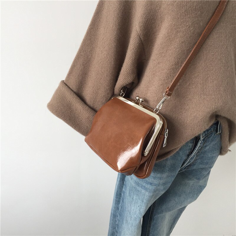 Vintage Women Shoulder Crossbody Messenger Bag PU Leather Double Kiss Lock Shell Bags Bag Women&#39;s Handbags free: women bag brown