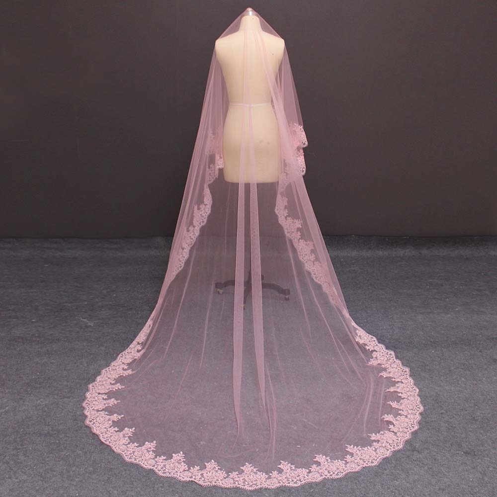 Velo de novia de una capa con borde de encaje, accesorio de boda de tul rosa sin peine, imágenes reales