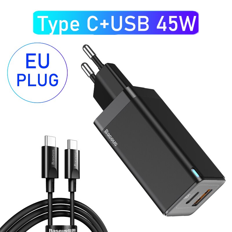 Baseus Gan Lader 45W Pd Usb Charger Quick Charge 4.0 3.0 Dual Usb Telefoon Oplader Forip Voor Huawei Mate 10 Voor Samsung Laptop: 1C1U Black EU