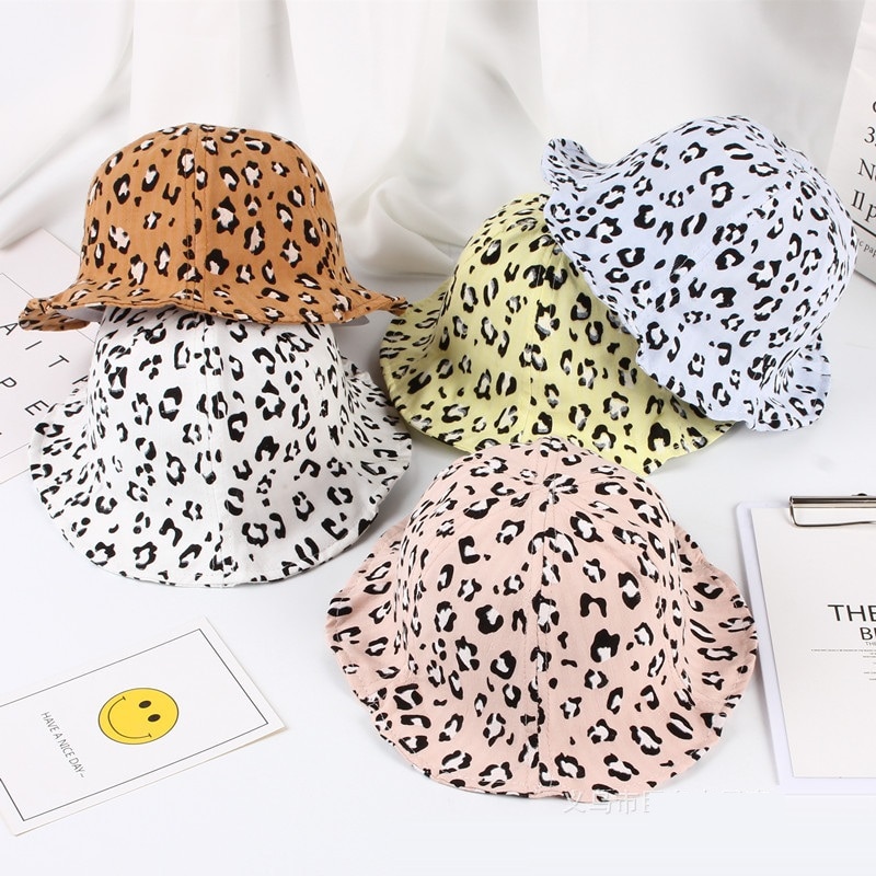 Vår sommar baby flickor solhatt tecknad leopardmönster bomull baby hatt barn pojkar hink hatt barn sol mössa