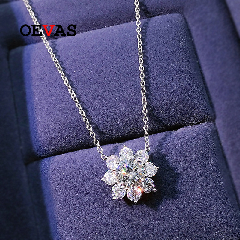 Oevas 100% 925 sterling silber high carbon diamant 43cm blumenanhänger halskette für damen funkelnder hochzeitsschmuck