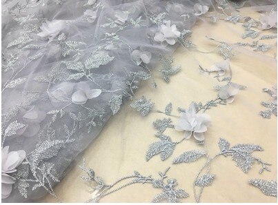 Tøj syning stof garn 3d broderi chiffon blomst blonder stof mesh materiale diy kjole tøj tilbehør  d607: Grå