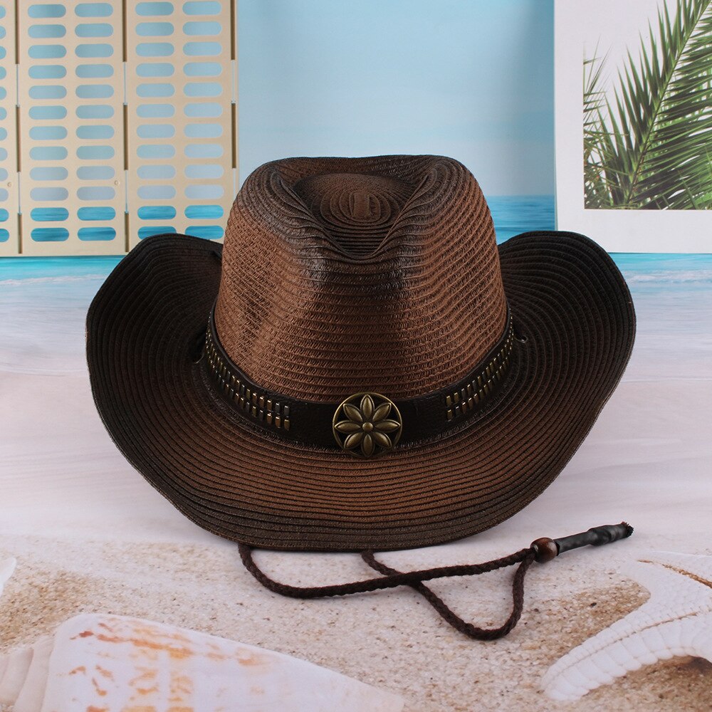 Paja de sombrero de cowboy del oeste de verano playa Playa Sol sombra gran sombrero de paja: Dark coffee