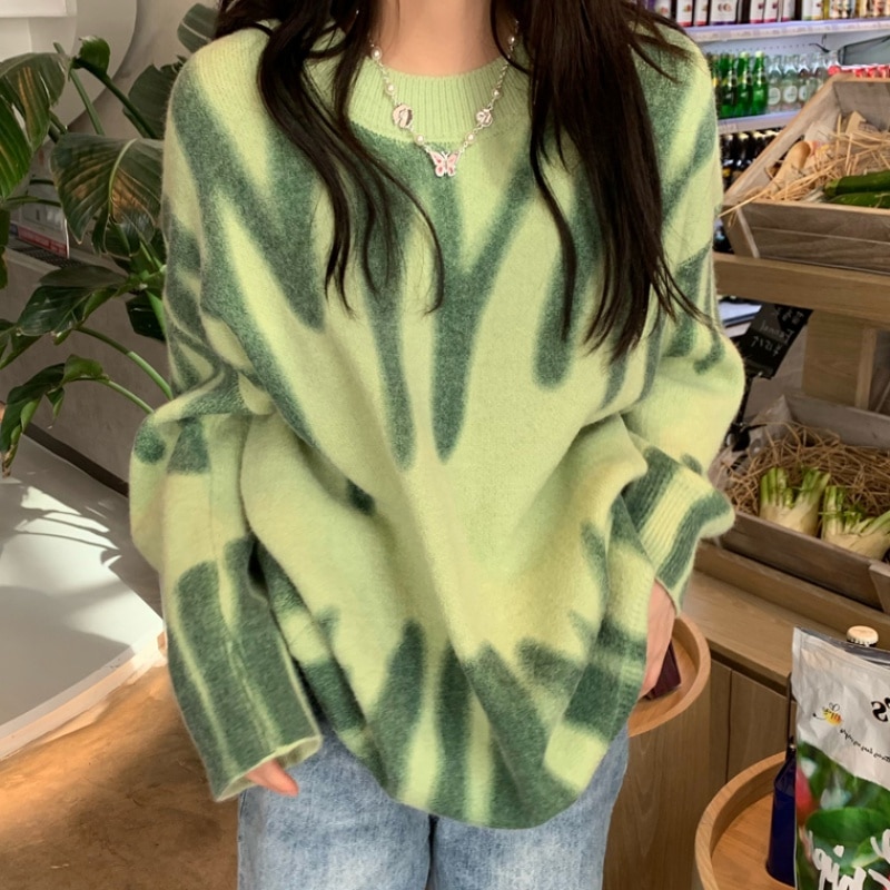 Grønn print strikket genser kvinner vintage grønn stripet genser overdimensjonerte gensere kvinner streetwear løse lange gensere sueter