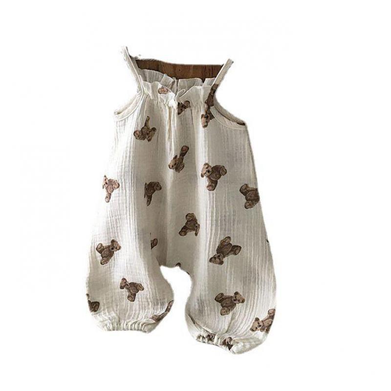 Novo macacão de urso para bebês, verão, 2021, macacão de algodão para crianças pequenas, calças com alça, estampa fofa de urso, calças de bebê menina