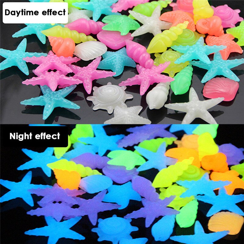 Conchas luminosas coloridas de estrella de mar, piedras brillantes decorativas de En forma de concha para jardín, acuario, piscina tanque de peces, paisaje, 50 Uds.
