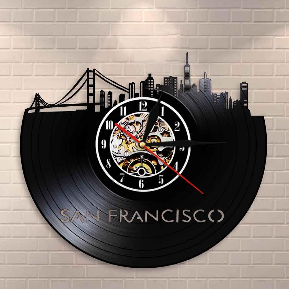 Usa S.F. Cityscape Wandklok San Francisco Skyline Wall Art Klok Golden Gate Bridge Vintage Vinyl Record Klok Reizen Landmark