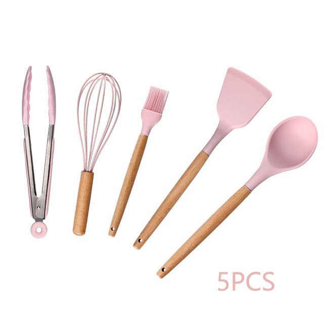 Non Stick Frying Pan With Wooden Handle Cooking Pot Set Breakfast Crepe Maker Pan Korean Cookware Saucepan Ramen Milk Pot: pink 5pcs