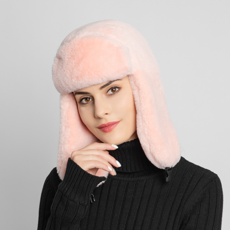 Winter Vrouwen Faux Fur Hoed Pluche Warm Gehoorbescherming Hoed Ski Hoed Outdoor Riding Winddicht Hoed: 7pink A