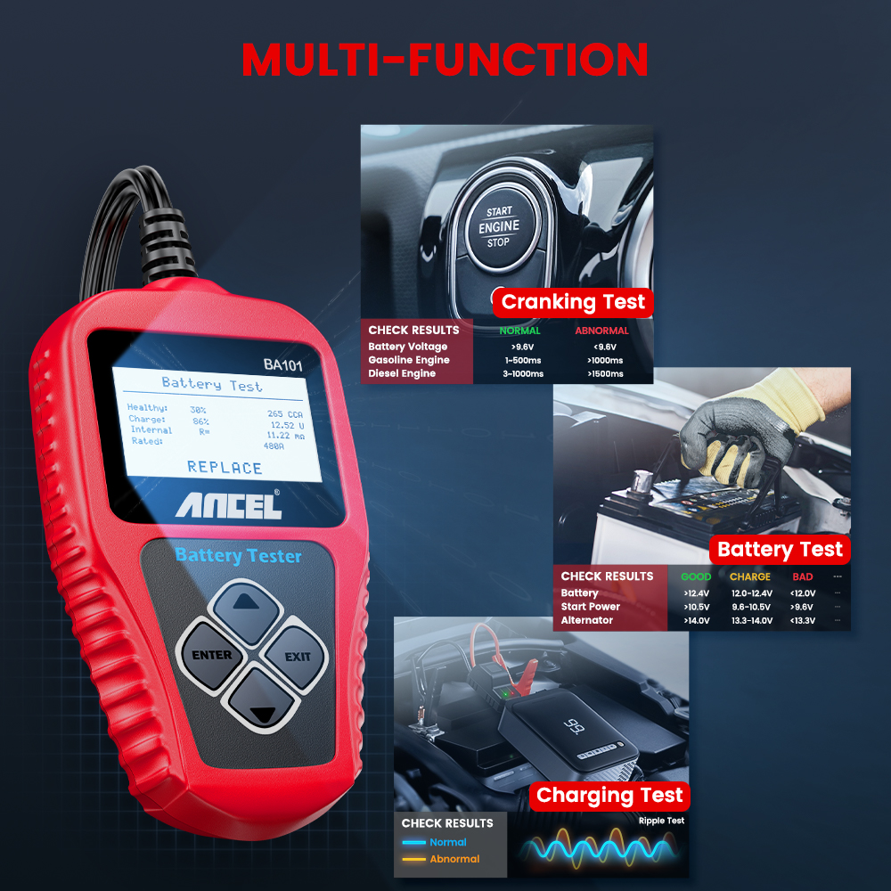 ANCEL-probador de batería de coche BA101, Analizador de 12V, probador de carga de batería automotriz, herramientas de diagnóstico de carga de circuito de carga 100-2000CCA