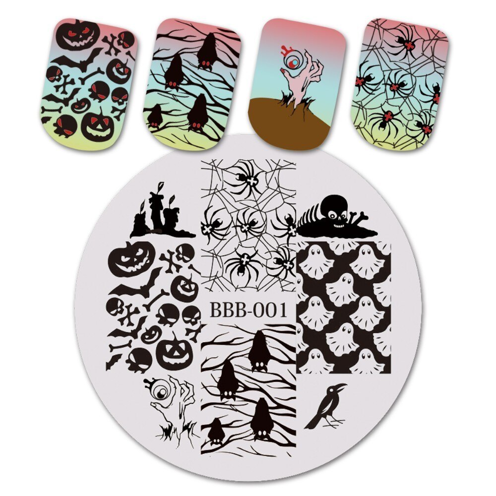 Beautybigbang negle stempling plader halloween edderkop kraniet græskar heks billede nail art skabelon stencil til negle bbb xl -027: B1