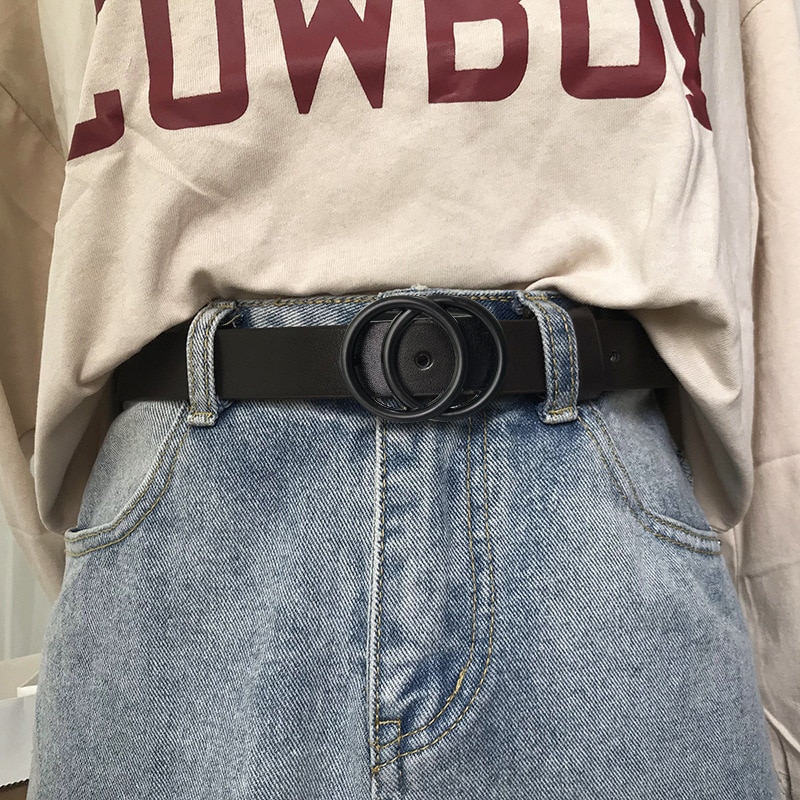 Silver dam bälte för jeans dubbla ringar spänne dam klänning midjebälte brun svart pu läder kvinnlig bältesrem