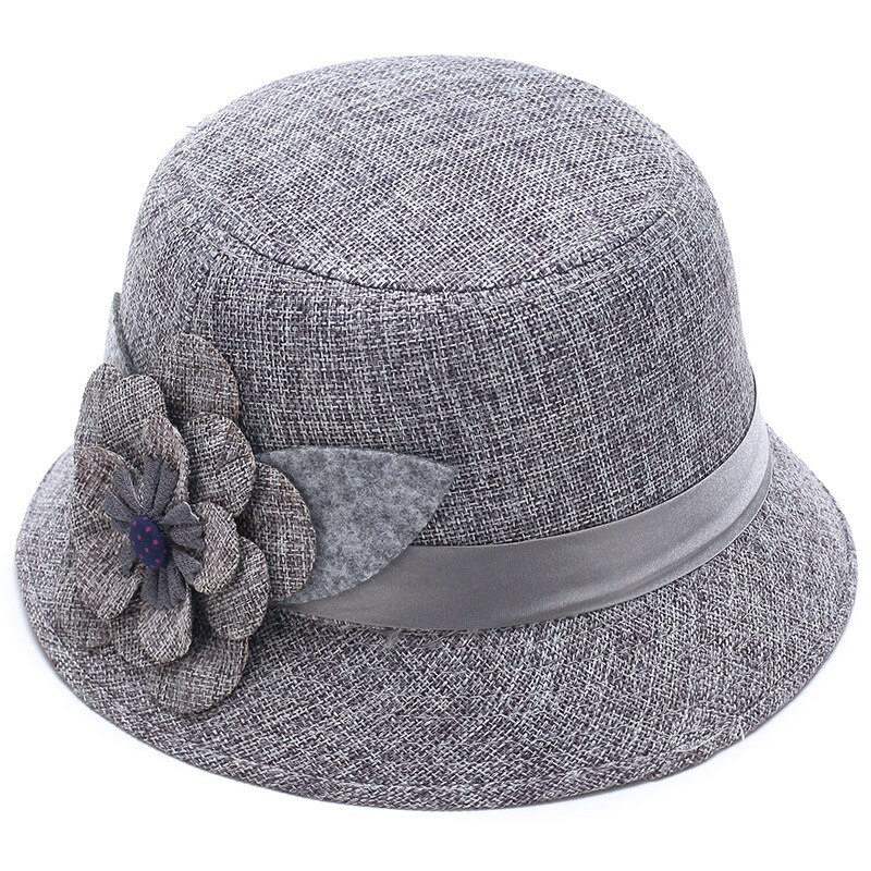 Sombrero de Sol de lino transpirable para mujer, gorro de princesa con decoración de flores grandes, Top plano monocromático a la , primavera y otoño: Gray
