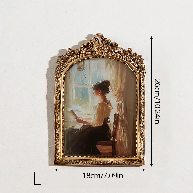 Antique Arch Shaped Photo Frame Gold Color Carved Embossed Resin Picture Frame Holder Wall Hanging Home Table Decoration Crafts: WHITE