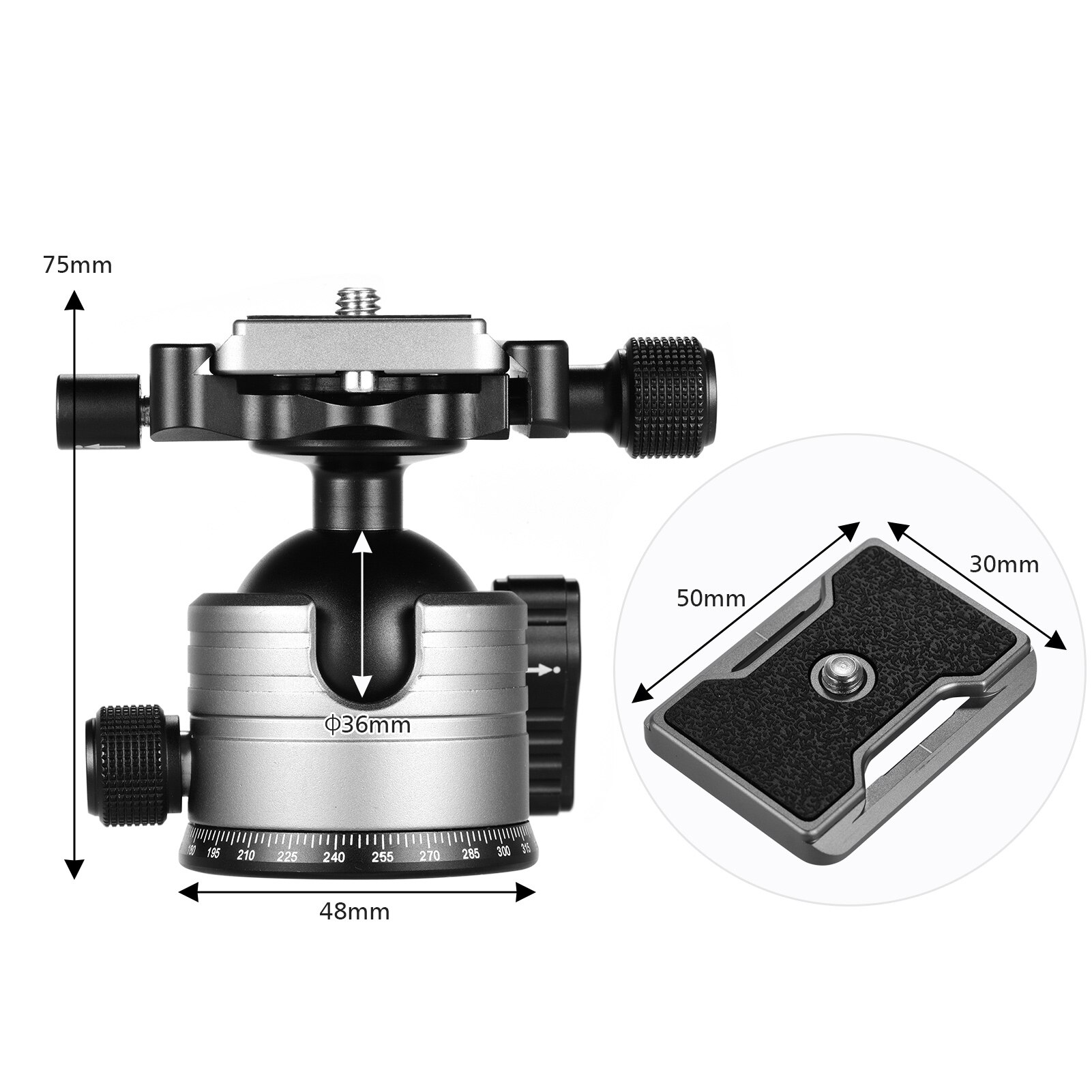 ballhead Aluminum Alloy Dual Panoramic camera Ball tripod Head with 1/4 Inch Screw Mount for DSLR Studio Max. Load 20kg Grey