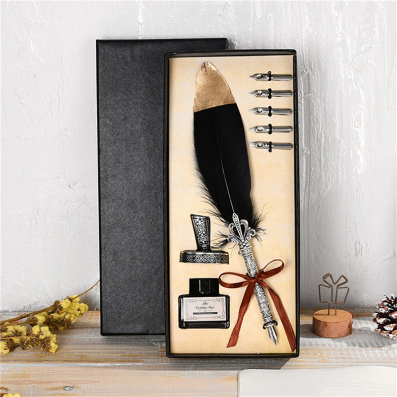 Vintage 1Set Kalligrafie Veer Dip met 5 Nib Quill Pen Schrijven Inkt Set Geschenkdoos Bruiloft Fontein pen: B