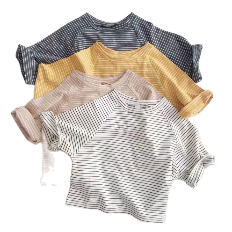 T-shirt rayé à manches courtes pour garçons et filles, haut à cinq points, ample, version coréenne, été , P4330