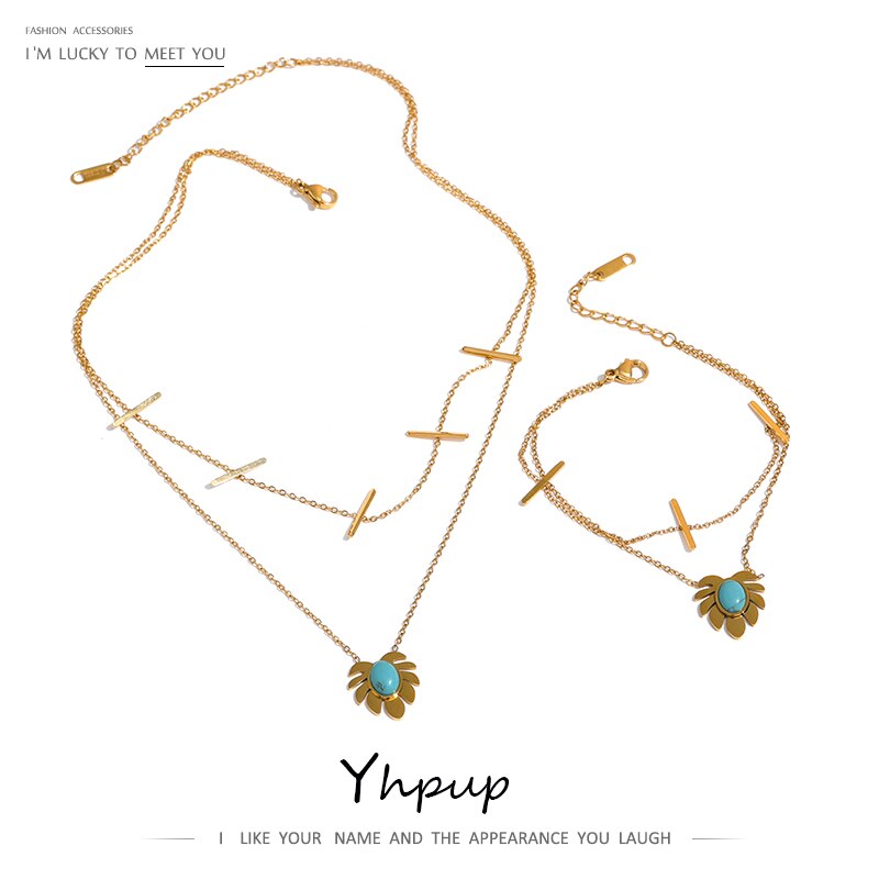 Yhpup Rvs Laat Stone Hanger Ketting Armband Set Stijlvolle Gouden Ketting Dubbele Gelaagde Sieraden Set Bijoux Femme
