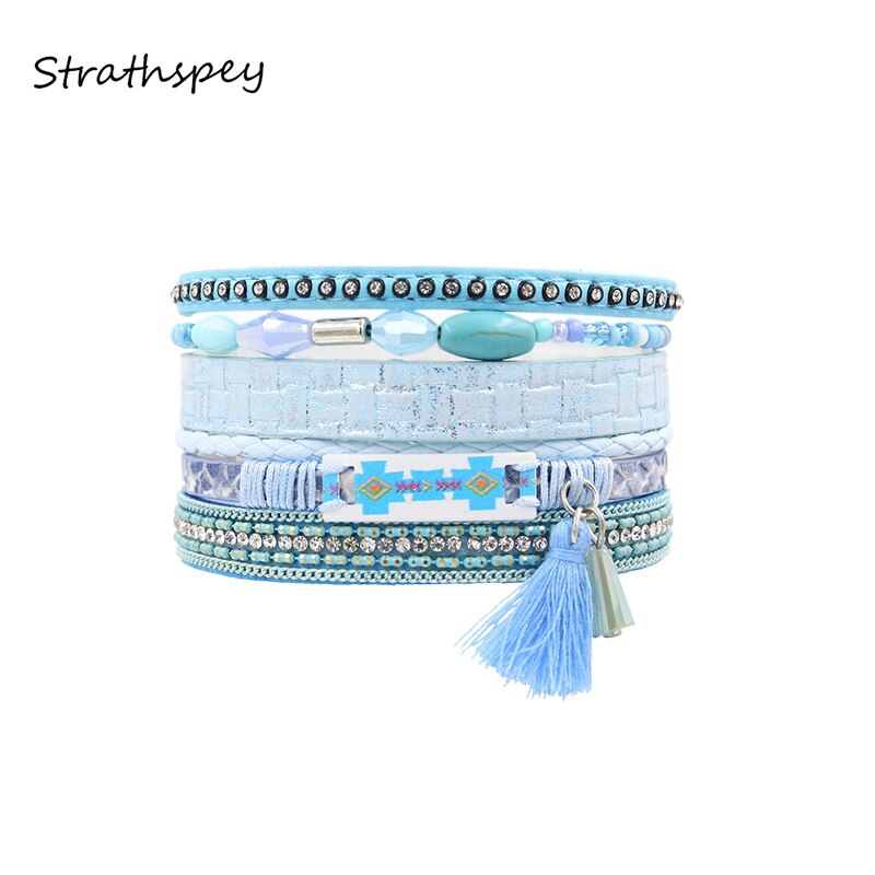 STRATHSPEY Etnische Kwasten Sieraden Armband Vrouwen multi-layer Lederen Touw Strass Magneet Sluiting Bangle Bracelete Feminino Blauw