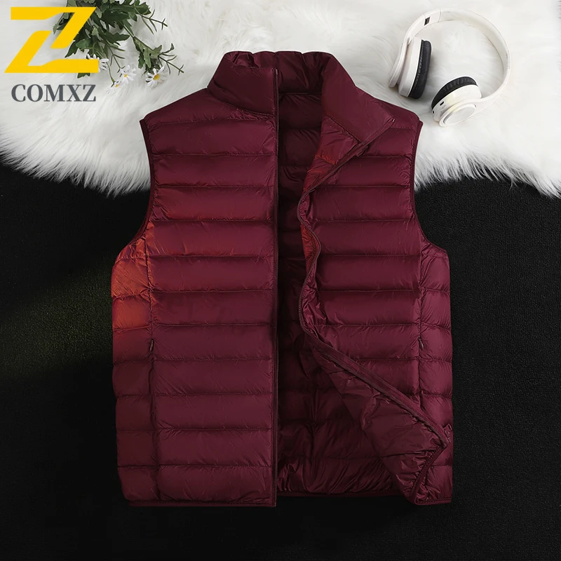 ​ ​ Heren effen donsvest witte eendenveren sport winter casual jas lichtgewicht warme mouwloze jas met standaard colla: 5XL / Rood