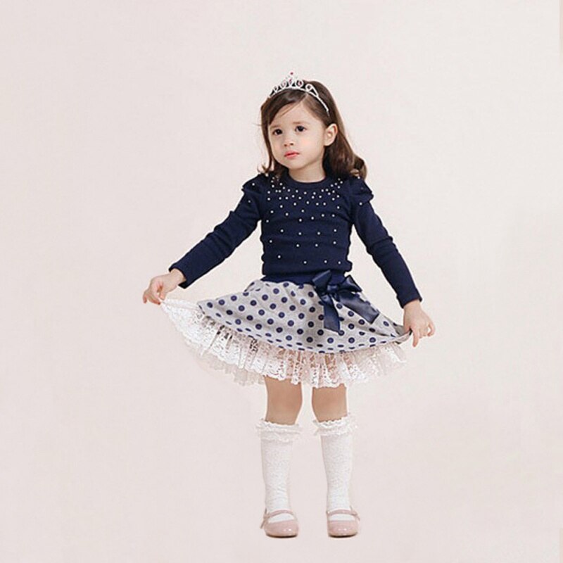 Otoño bebé niña de manga larga de algodón de estampado de lunares blusa de lazo anudado faldas cortas conjunto de trajes Casual