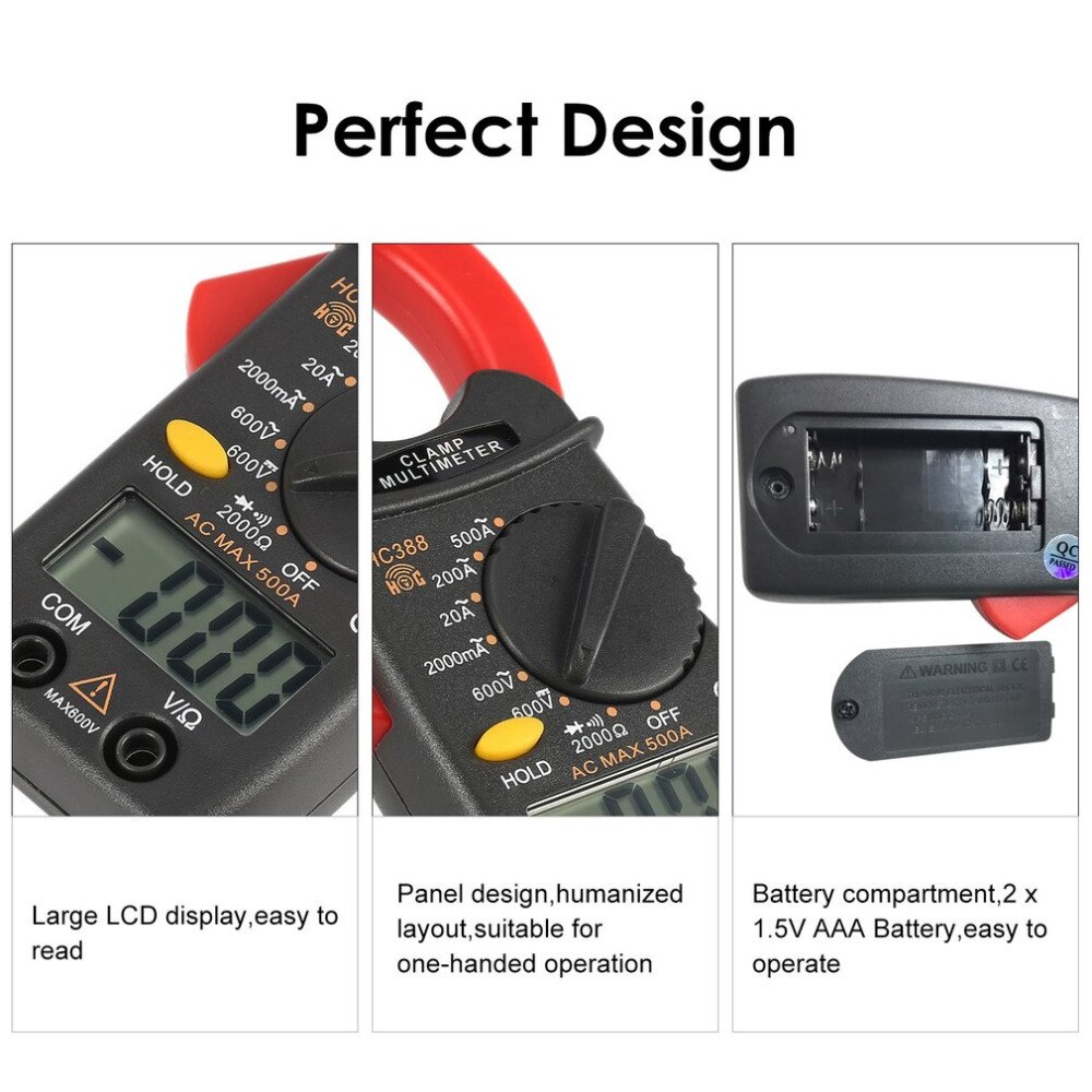 HC388 Mini Digital Clamp Meter Multimeter AC/DC Voltage Current Ohm Diode Tester 1999 Counts Data Hold Handheld