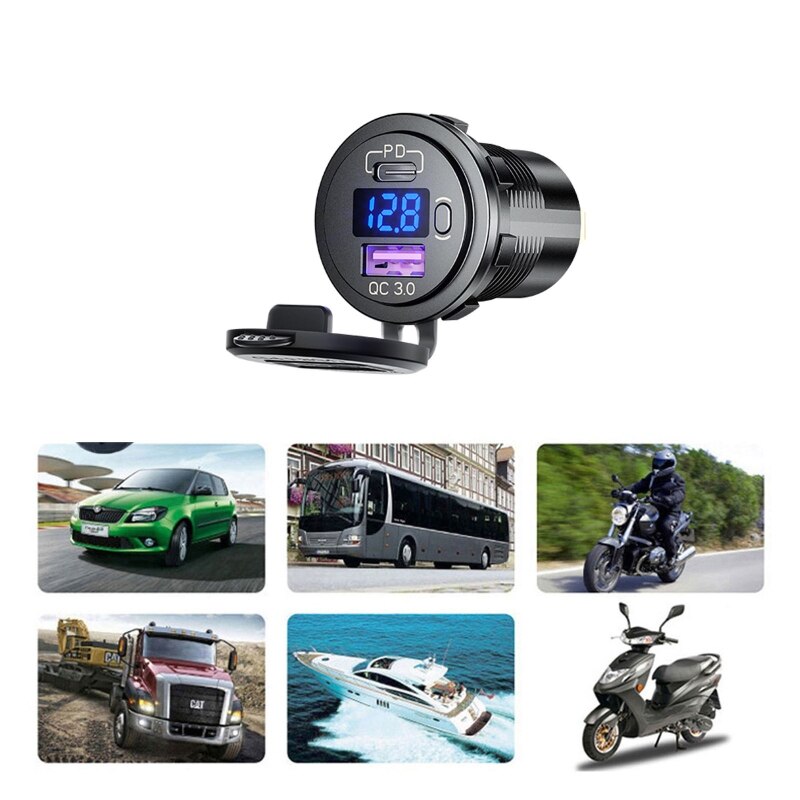 12V 24V Type C PD QC3.0 USB Car Charger Fast Charging Socket Power Outlets with Voltmeter Switch for Motorcycles Marines