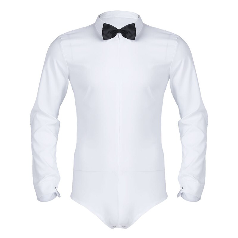 Heren latin dans shirts ballroom lange mouwen rits effen kleur latin moderne dans shirt met vlinderdas eendelig romper shirt