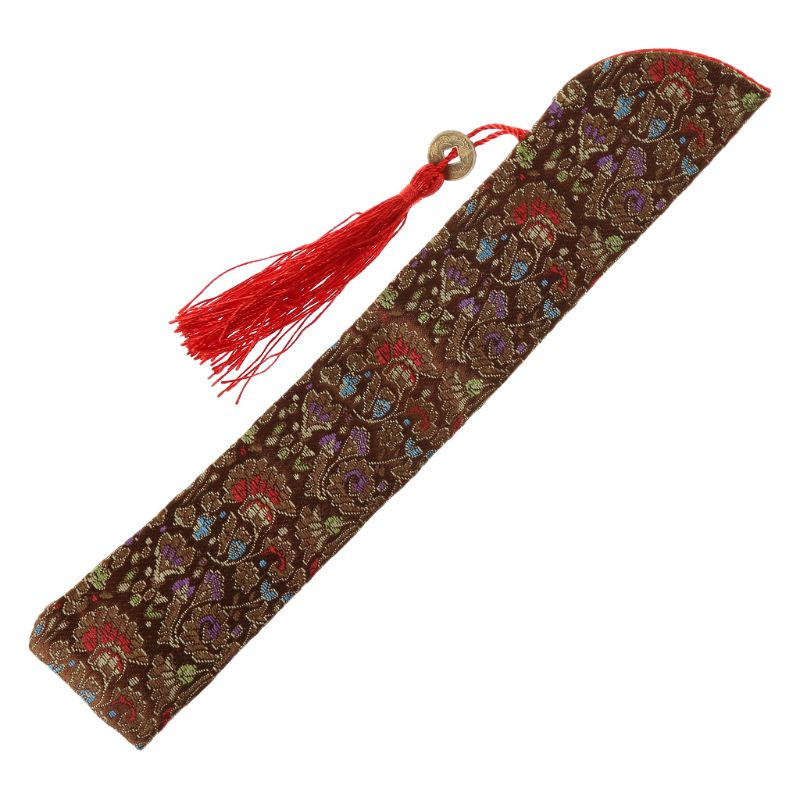 Silkefoldning kinesisk hånd fan taske med kvast støvtæt holder beskyttelsespose taske cover retro stil  e15b: Kaffe