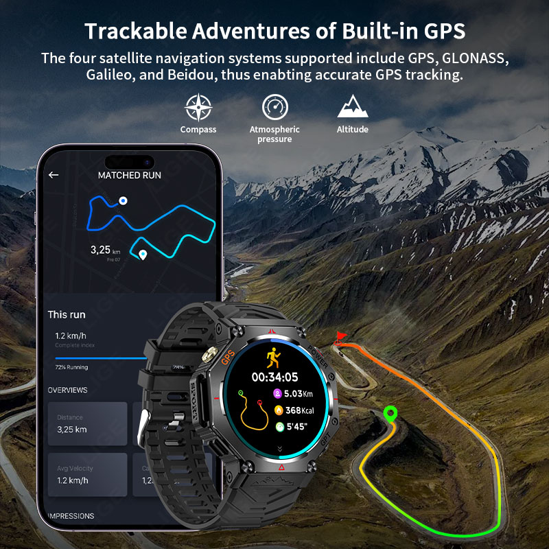 LIGE 2025 Nuova posizione GPS Smartwatch per uomo 530mAh Bluetooth chiamata bussola torcia a LED 3ATM Smartwatch militare impermeabile