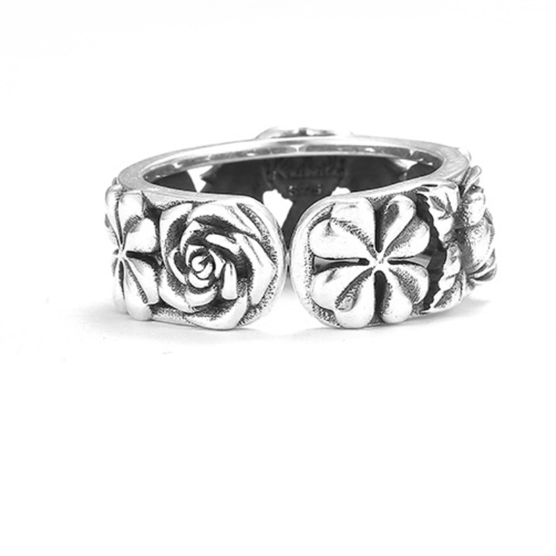 Anello di apertura vintage con quadrifoglio a quattro foglie rosa Accessori per dita maschili Anello retrò Gioielli in argento 925 MenRing Open Szie