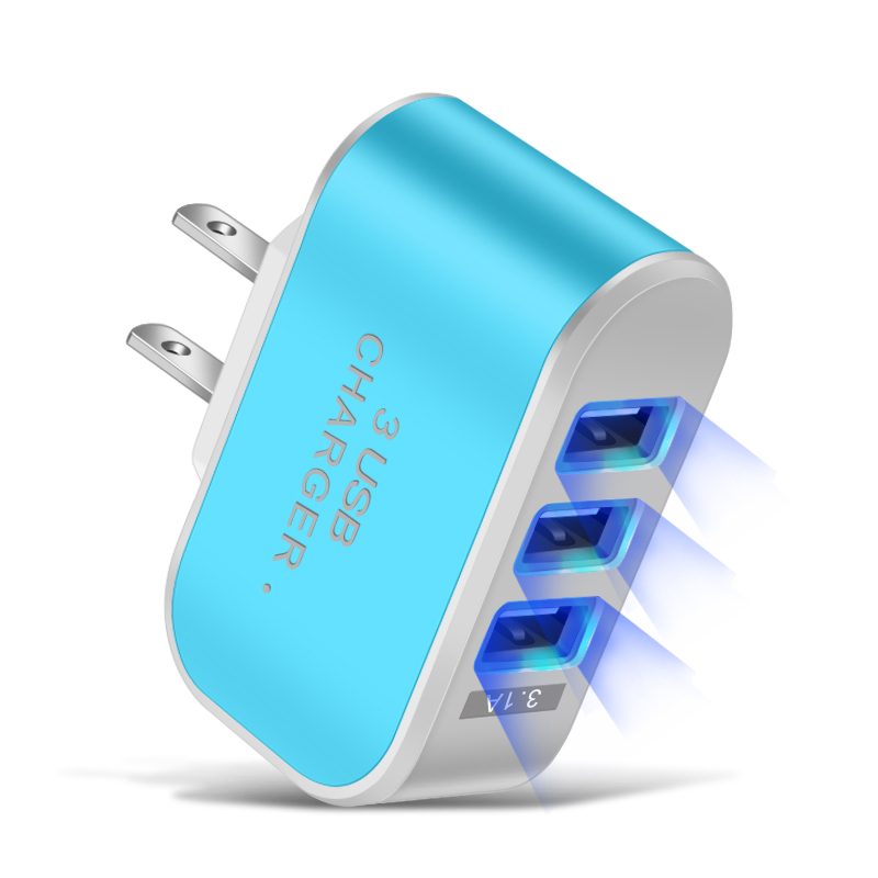 Candy Color 5V 1A US EU Plug 3usb 3 Ports USB Wall Home Charger Adapter For IPhone Samsung OPPO Charging Adapter With Indicator: US Blue