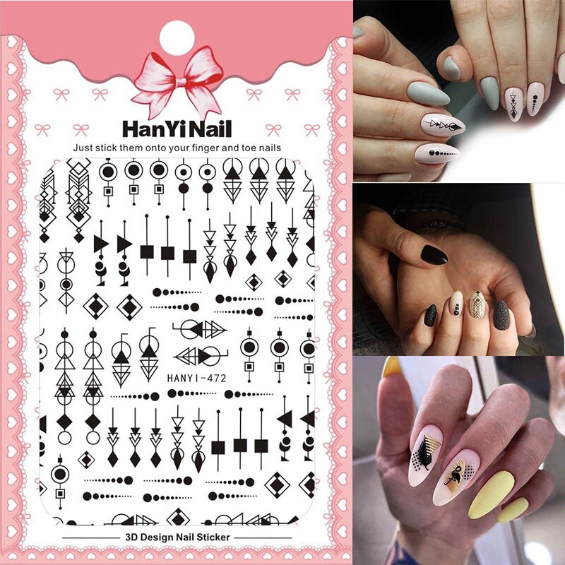 3D Nail Art Sticker Voor Manicure Decoratie Zwart Goud Kleuren Geometrische Lijnen Bladeren Ultra Dunne Slider Nail Lijm HY004