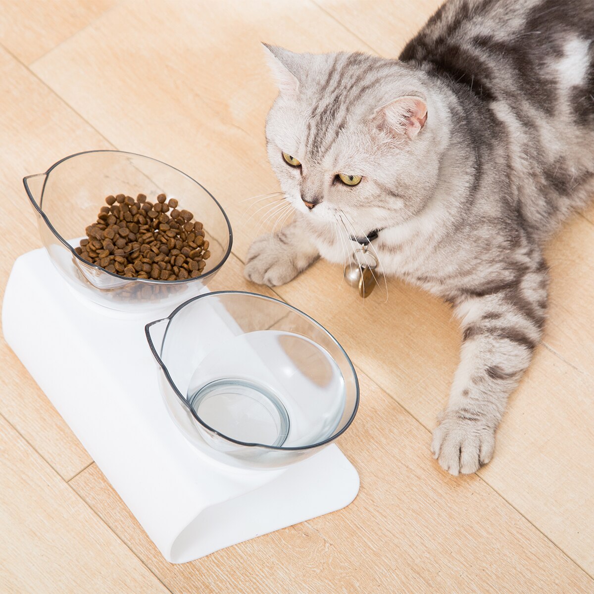 Brand Cat Non-Slip Double Food Bowl with 15° Slant Support Cute Cat-Shaped Bowl with Cervical Protection