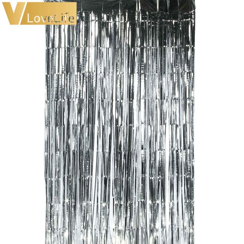 1M x 2 Meters Gold Foil Fringe Tinsel Curtain Tassel Garlands Wedding Photography Backdrop Birthday Party Decoration: Silver