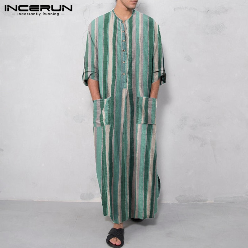 Mannen Saudi Stijl Gestreepte Jubba Thobe Mannen Zakken Abaya Moslim Kaftan Robe Lange Mouwen V-hals Islamitische Arabische Kleding 5XL incerun