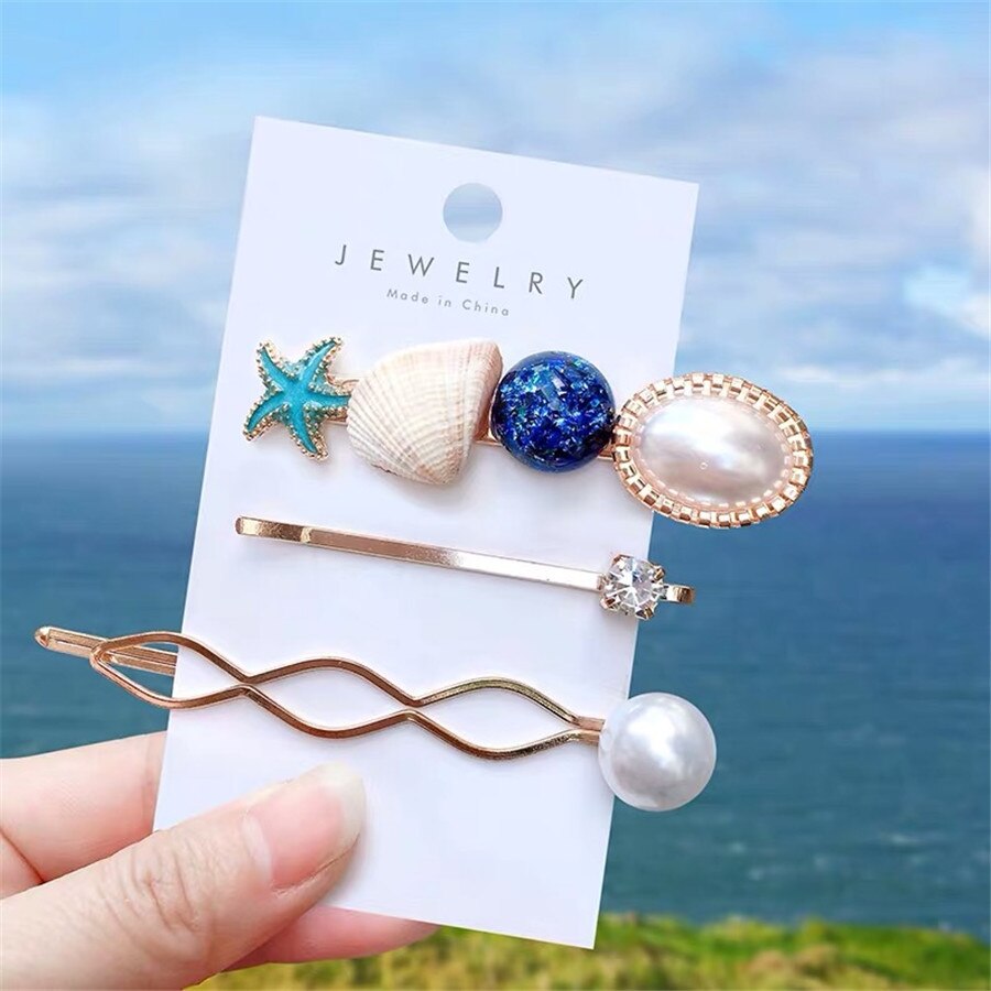 Mode Haarspelden Vrouwen Haar Accessoires Grote Zeester Sea Verkoop Simulatie Pearl Barrette Dames Hoofd Pins Clip Set Hoofddeksel: S3-Blue