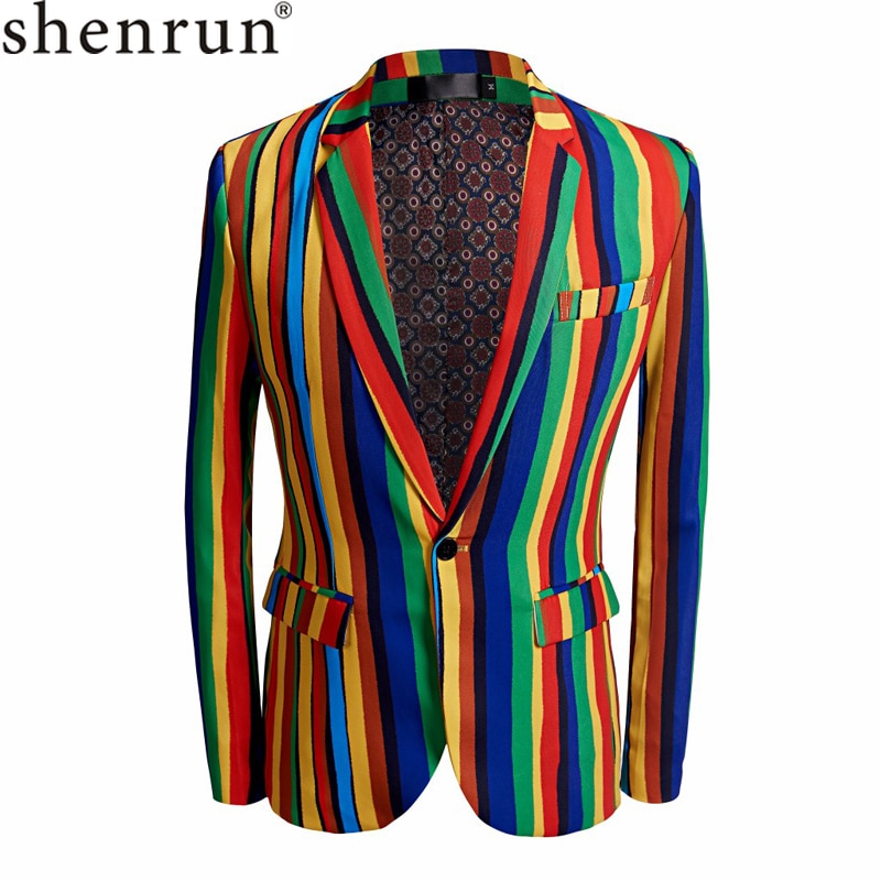 Shenrun herr färgglad kavaj med randigt tryck plus storlek snygg casual manlig slim fit kostym jacka sångare balklänning outfit