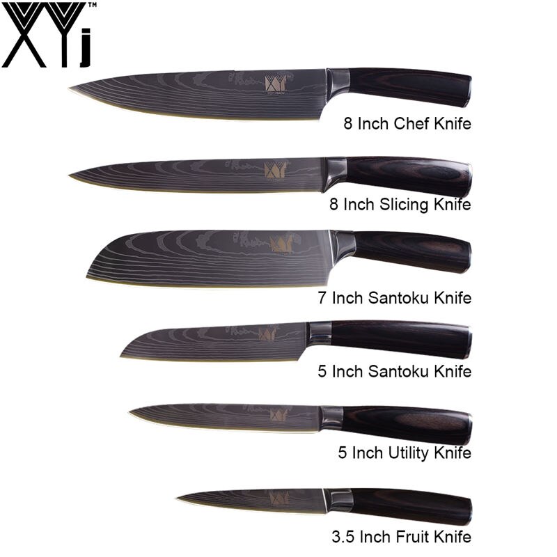 XYj Damascus Pattern Veins Blade Chef Knives Set Stainless Steel Wood Handle Bread Slicing Santoku Utility Knife Cover Sheath: 6PCS-8 XYJ LOGO