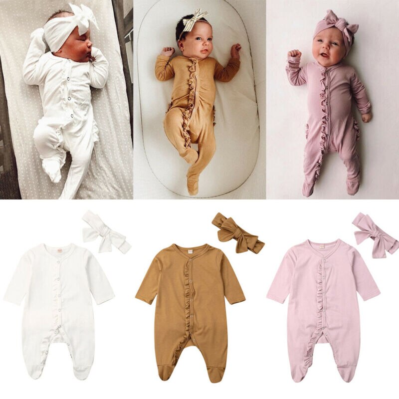 0-12M Baby Baby Jongens Meisjes Footies Ruches Lange Mouwen Effen Nachtkleding Hoofdband Kleding Knoppen