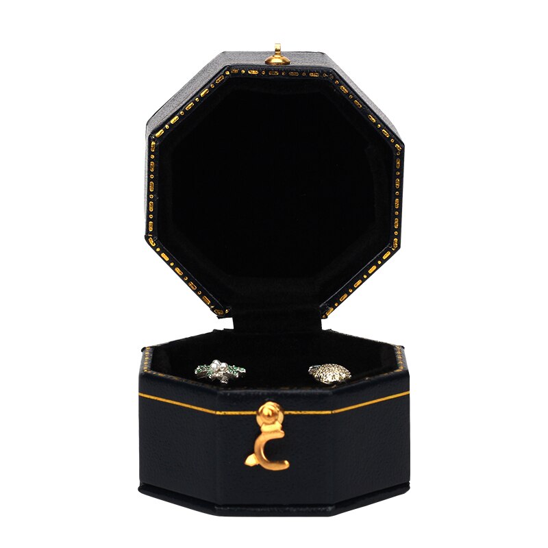 Mini Zwarte Achthoekige Pu Lederen Vintage Sieraden Display Voorstel Trouwring Box Voor Mannen En Liefhebbers Dating: Black