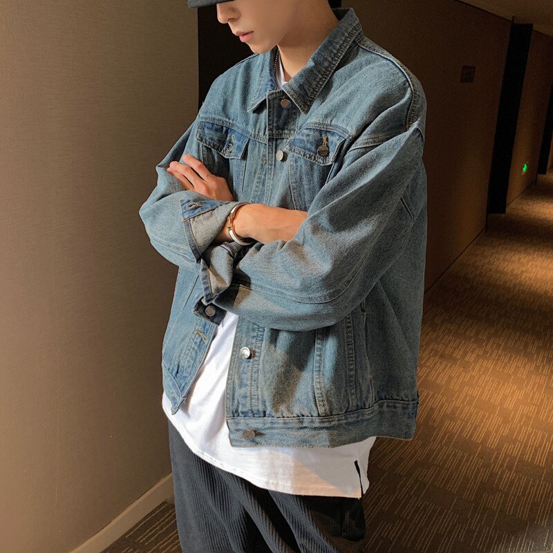 Autumn Korean Denim Jacket Men's Retro Blue Denim Jackets Mens Streetwear Wild Loose Hip-hop Bomber Jacket Men S-2XL