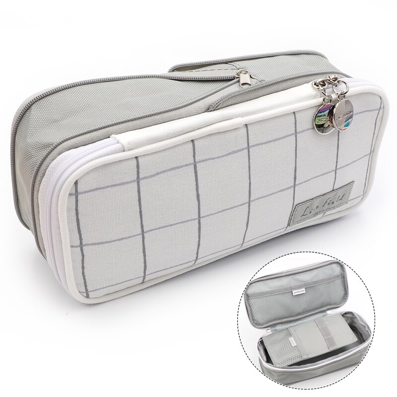 KOKUYO Macaron Pencil Case Stretch Zipper Large Capacity Pencilcase Cute Pencil Box Kawaii Kid School Pen Case Estuche Escolar: gray grid