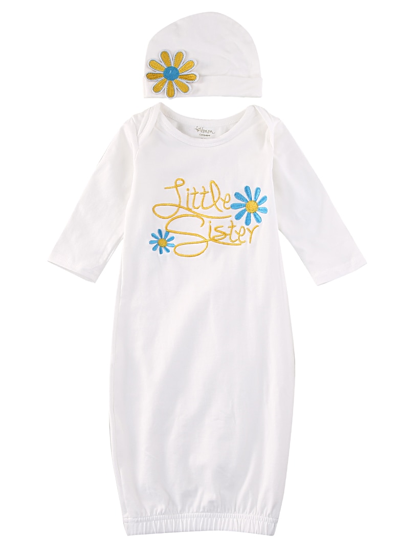 Long Sleeve Little Sister Baby Sleeper Girl Coming Home outfit Baby Gown Hat Set