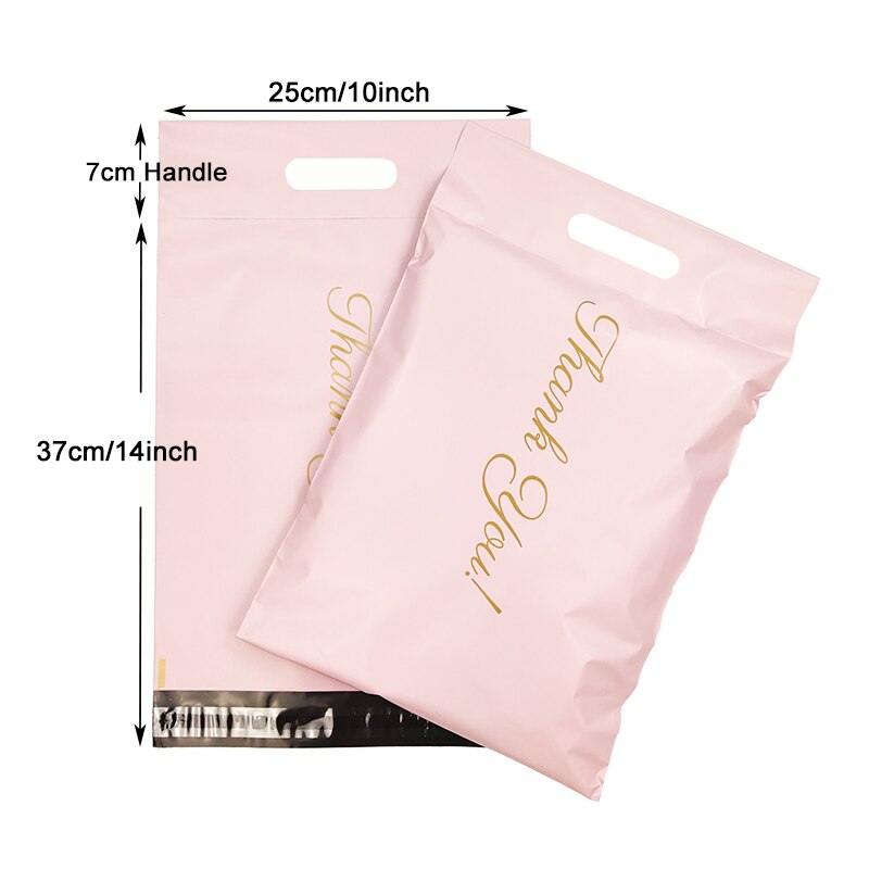 10Pcs Gedrukt Tote Zak Express Zak Met Handvat Koerier Zak Zelfklevende Lijm Dikke Waterdichte Plastic Poly Envelop mailing Zak: Pink Thank you-25cm