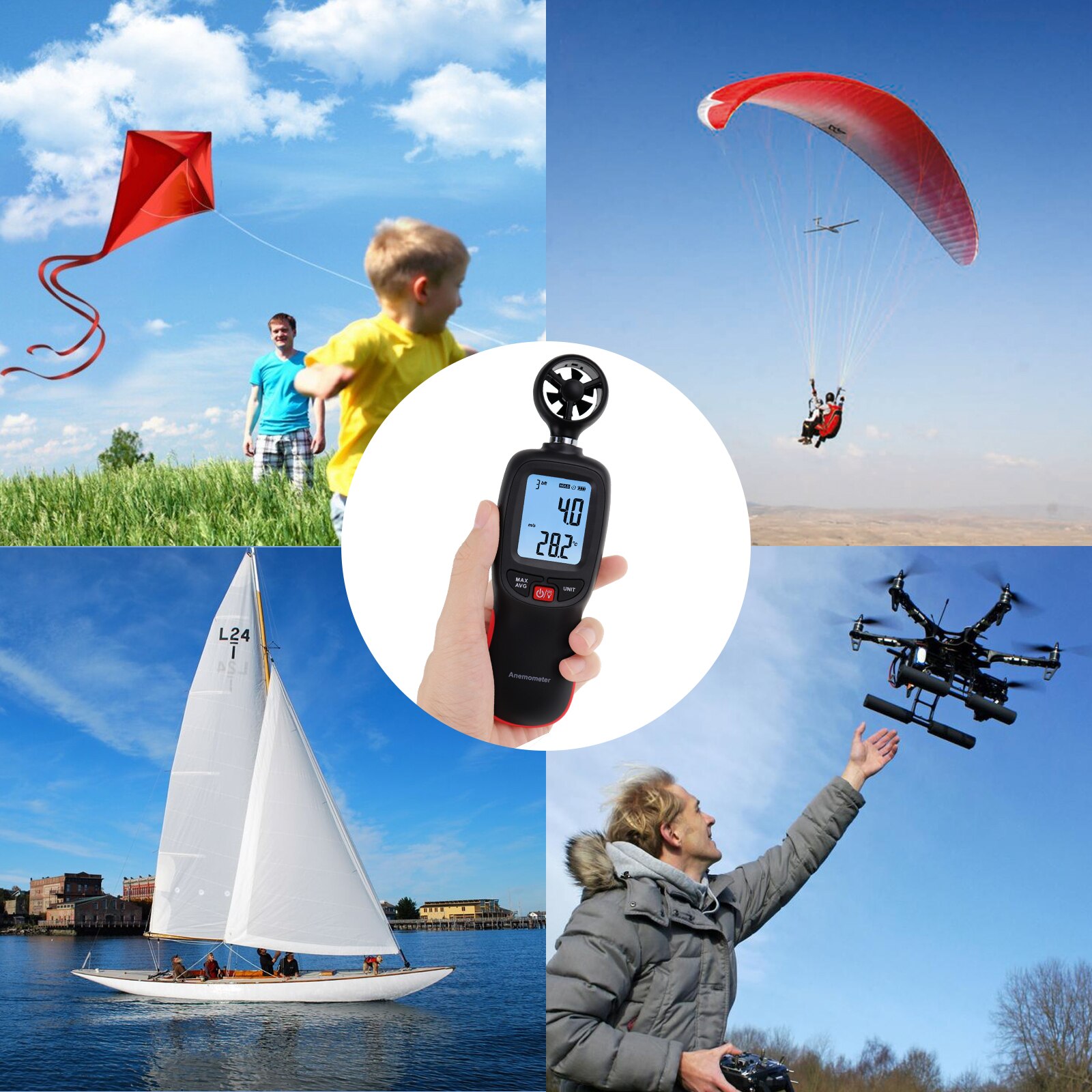 Handheld Digital Meter Anemometer Windspeed Air Velocity/Air Temperature/Wind Chill w/ Data Recording for Kite Flying Sailing